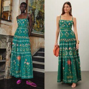 Agua by Agua Bendita Lima Esmeralda Linen Floral Print Green Maxi Dress Size XL